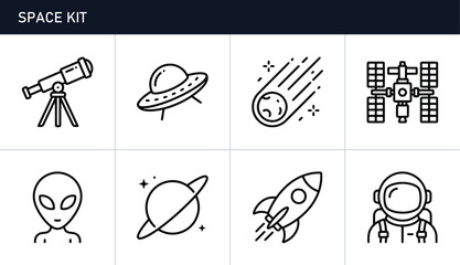 Space icons set with telescope, UFO, comet, station, alien, planet and astronaut for science and travel © Monir