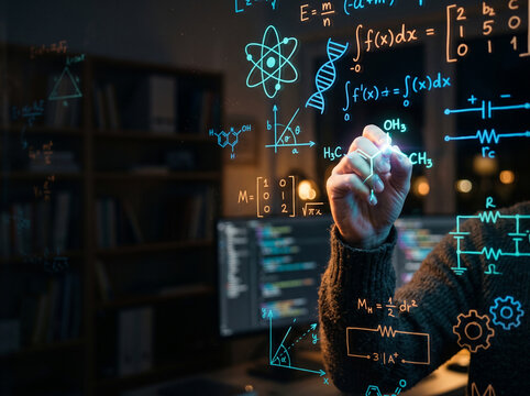 Scientist writing complex mathematics and physics formulas on a glass board in a dark laboratory