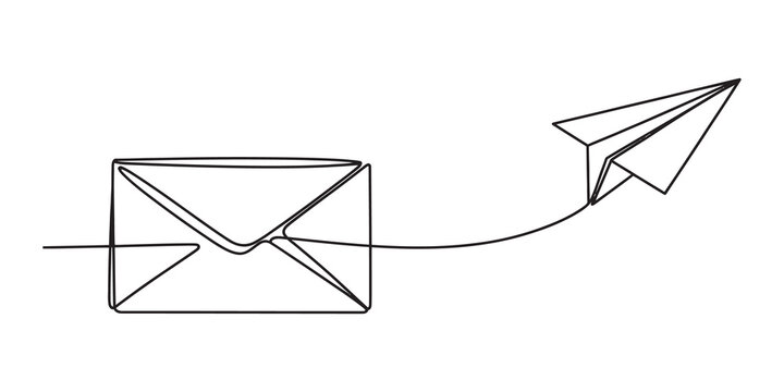 Continuous line drawing of an envelope and paper plane