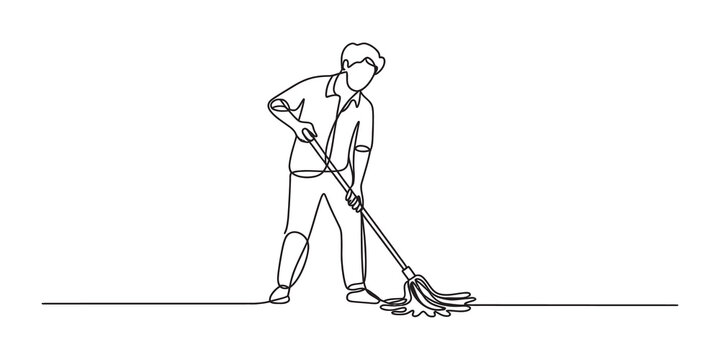 Man cleaning floor with a mop line art illustration