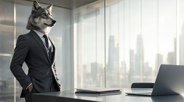 Sophisticated Anthropomorphic Wolf as a Corporate Executive Standing in a Modern Glass Office Room.