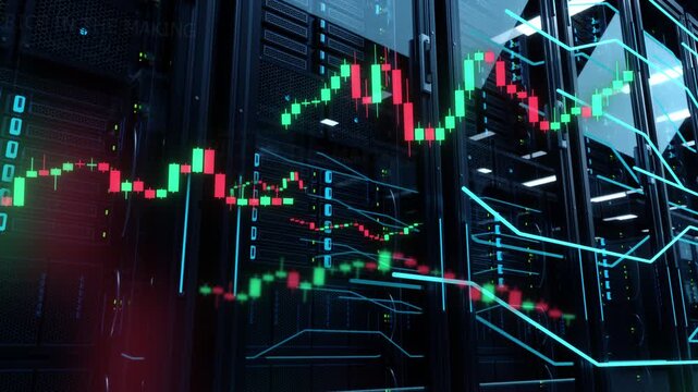 Stock price charts over server racks in a data center, 3D animation.