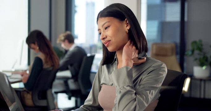 Office, laptop and woman with neck pain in enterprise, muscle tension and deadline fatigue. Business, computer and female person with burnout, workplace injury and coworking with bad ergonomics