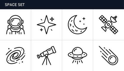 Space icons set with astronaut, moon, satellite and UFO for travel and science © Mizan