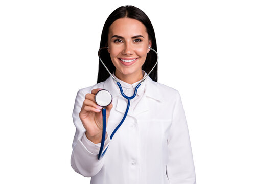 Close-up portrait of her she nice attractive cheerful brunet girl qualified cardiac expert nurse listening client patient breath visit aid help assistance isolated over grey pastel color background