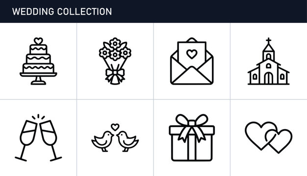 Wedding icons set with cake, bouquet, envelope, church, glasses, birds and gift for invitation design