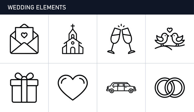 Wedding elements set with invitation, church, champagne, lovebirds, gift, heart, limousine and rings for celebration