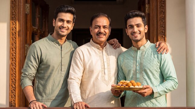 Diwali family portrait with father and sons holding sweets in