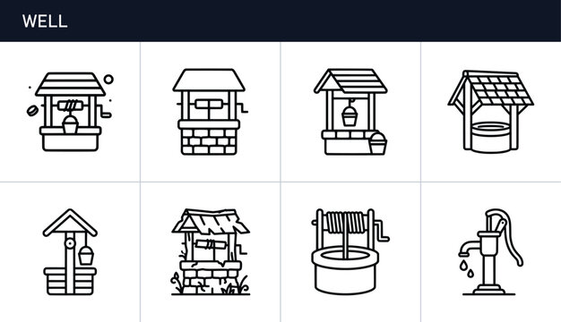 Well icons set with traditional and modern water pumps, water collection and rural life