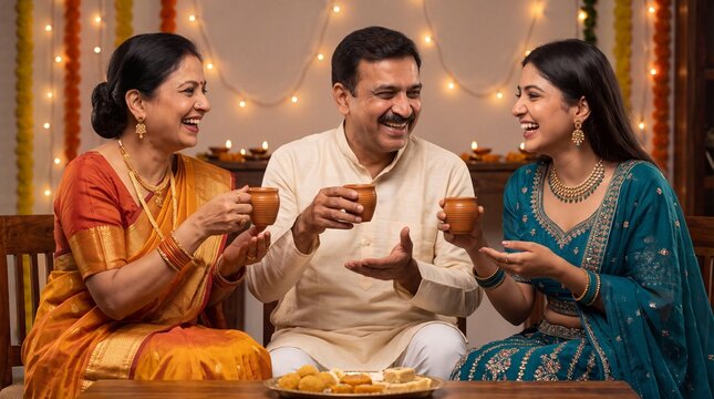 Diwali family drinking tea and laughing together at home with festive