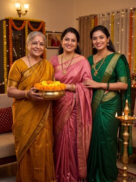 Indian women celebrating diwali festival with traditional sarees and