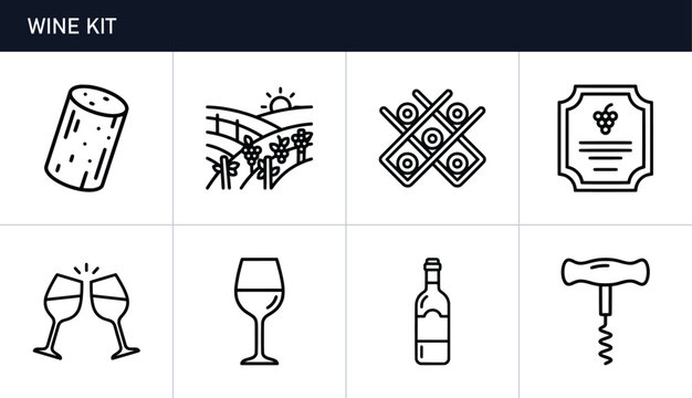 Wine kit line icons set with cork, vineyard, wine rack, label, glasses, bottle and corkscrew for beverage service