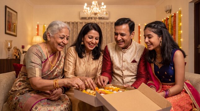 Diwali family celebration with Indian sweets in a decorated living