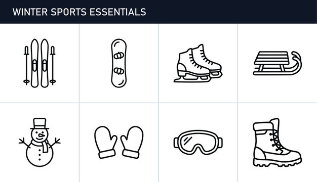 Winter sports icons set with skis, snowboard, skates, sled, snowman, mittens, goggles and boot for sport and leisure