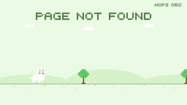 Pixel Art Bunny Hop Endless Runner Game with Pastel Green Landscape and Playful Page Not Found Theme