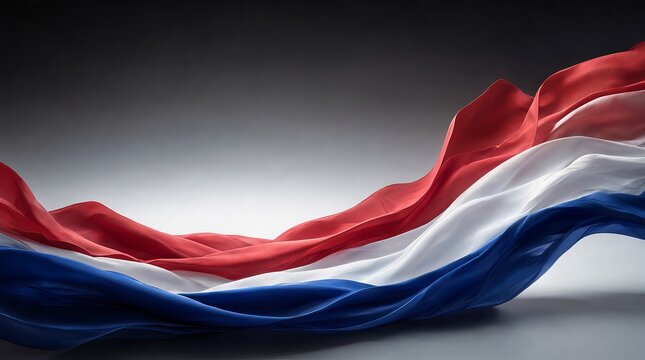 Abstract Swirling Red White And Blue Fabric Waves Against A Smooth Moody Grey Studio Background
