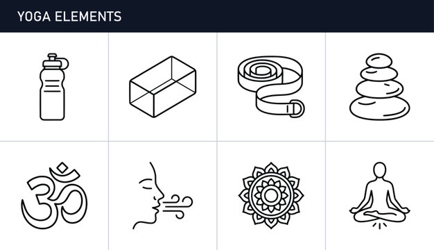 Yoga elements set with Om symbol, meditation, and wellness items for calm and balance