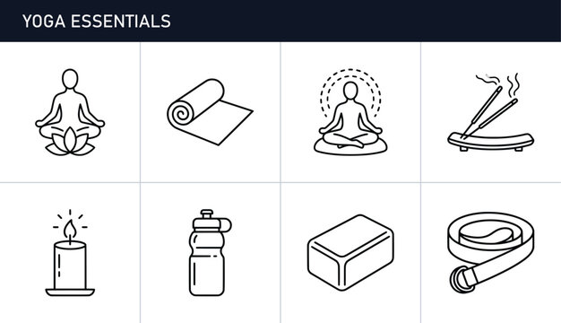 Yoga essentials set with meditation, mat, incense, candle, bottle, block and strap for wellness
