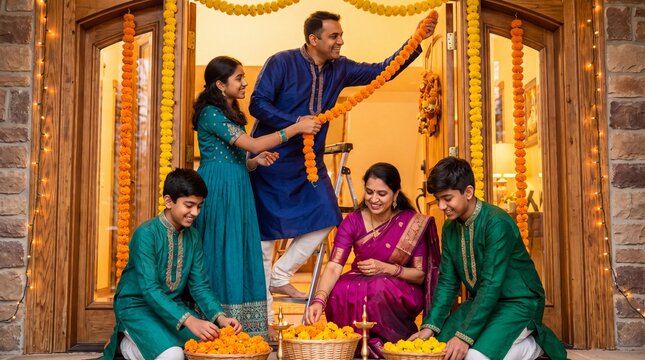 Diwali Family Celebration Ritual with Married Couple Lighting Oil