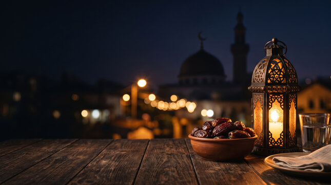 Ramadan night scene with glowing Arabic lantern, bowl of dates and glass of water on a wooden table with blurred mosque silhouette