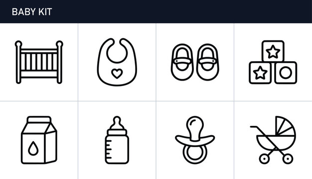 Baby care icons set with crib, bib, booties, blocks, milk, bottle, pacifier and stroller
