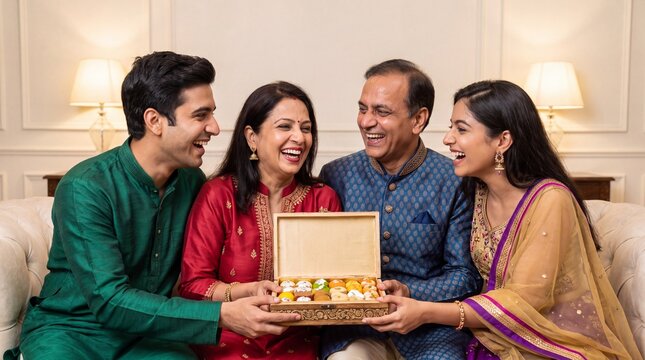 Diwali family celebration with indian sweets box sitting on sofa in