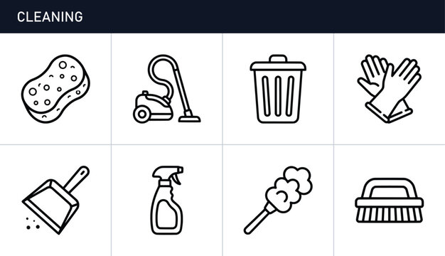 Cleaning supplies line icons set with sponge, vacuum and dustpan for home care
