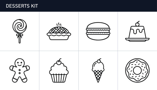 Dessert icons set with lollipop, pie, macaron, pudding, gingerbread man, cupcake, ice cream and donut for menu