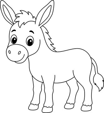 Cute donkey coloring page for kids, cartoon farm animal vector illustration, black and white line art of a friendly baby donkey