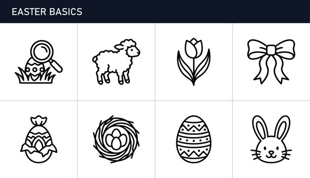 Easter icons set with egg, bunny, sheep and tulip for holiday design