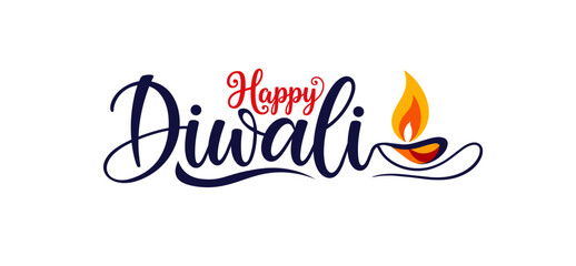 Happy Diwali calligraphy text with oil lamp diya vector, Indian festival of lights greeting, traditional Hindu celebration typography on white background © deepakdeeart