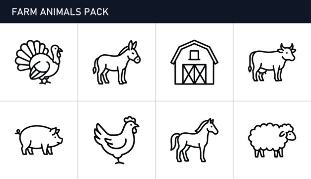 Farm animals line icons set with turkey, donkey, barn, cow, pig, chicken, horse and sheep for agriculture