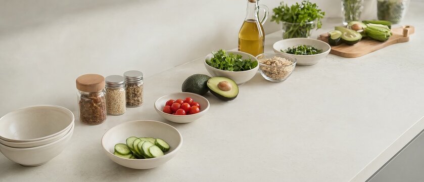 Healthy Lifestyle Meal Prep Ingredients Arranged Minimalistic on Elegant White Quartz Countertop.