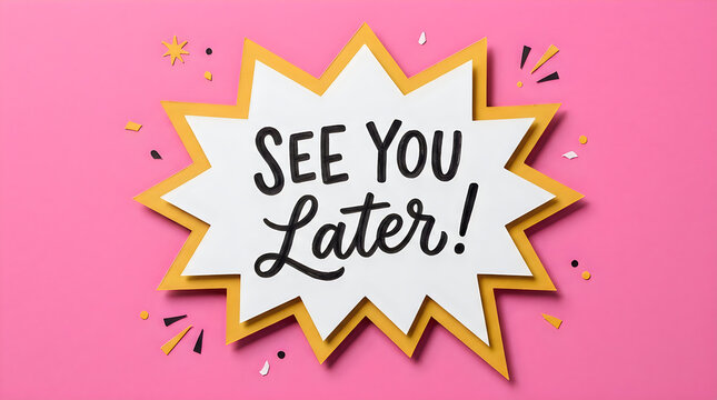 A vibrant flat lay composition featuring a starburst shaped sign with the phrase see you later on a pink background