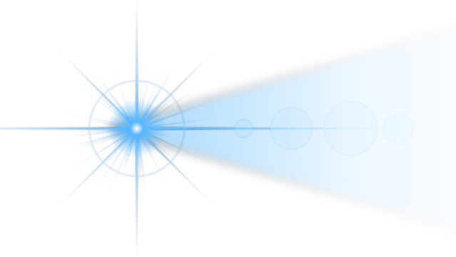 Isolated bright blue star light flare with translucent lens bokeh elements transparent background