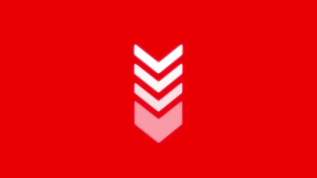 White stacked chevron arrows pointing down animate and fade on a vivid red background. Bold downward motion graphic.