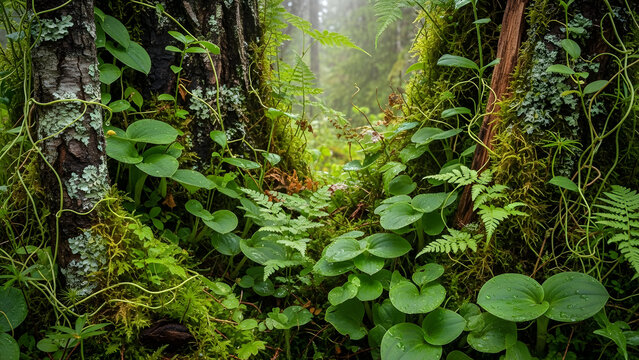 Lush green forest floor with ferns, mossy tree trunks, and climbing vines in a misty woodland environment