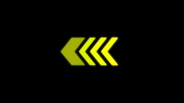 Yellow chevron arrows pointing left animate and fade on black. Bold minimal directional motion graphic with vivid contrast.