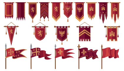Medieval royal heraldic flag vector set. Red pennants, banners, hanging tapestries, castle, lion, eagle, fleur de lis and crosses. © mohona