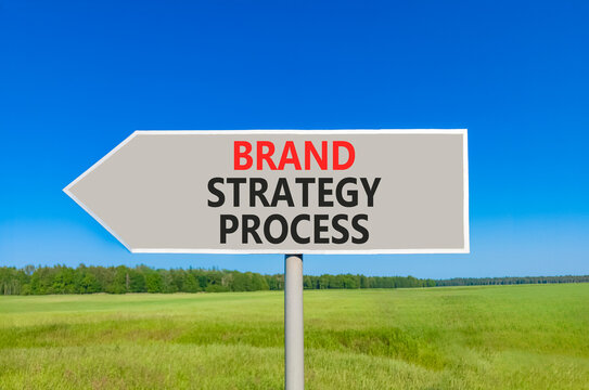 Brand strategy process words symbol. Concept words Brand strategy process on beautiful grey road sign. Beautiful blue sky background. Business and brand strategy process concept. Copy space.