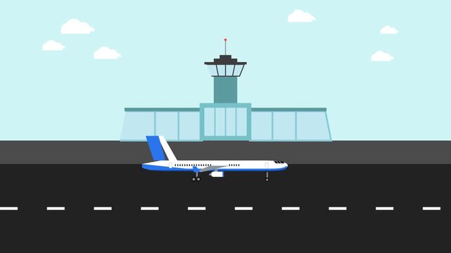 A flat 2D vector style motion graphic of a commercial airplane taxiing on a runway in front of an airport terminal and control tower, matching precise.