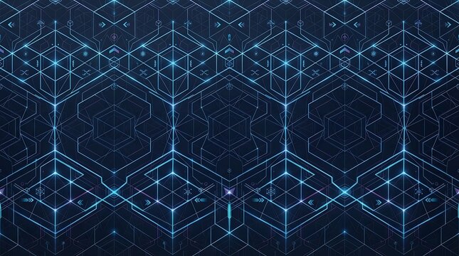 Abstract futuristic technology background with glowing blue geometric cybernetic patterns and circuits.