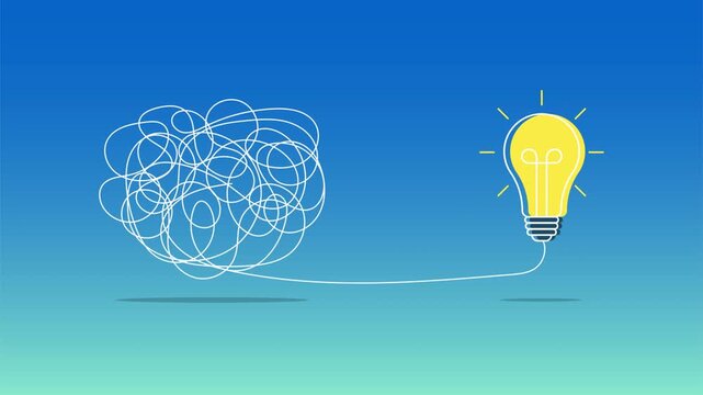 White tangled lines form a knot. Bright lightbulb glows at the knot's end. Simple clean background in blue gradient. Symbolizes problem solved by insight. Ideal for business, innovation