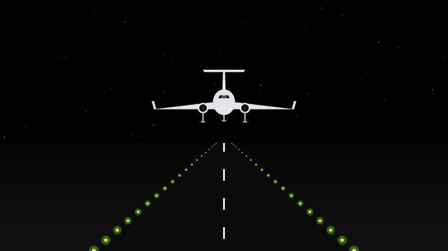 A front-facing silhouette of a commercial airplane with landing gear deployed, approaching and landing on a perspective runway at night.