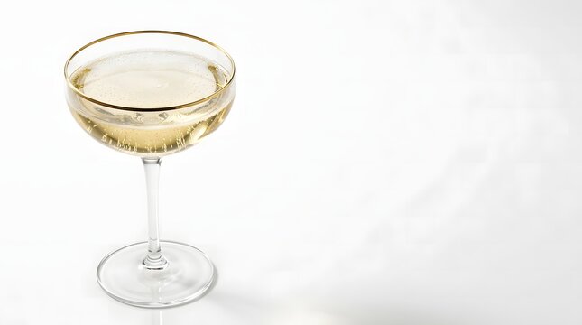 Elegant champagne coupe glass with a gold rim filled with sparkling wine and rising bubbles on a white background.