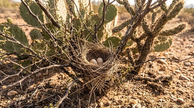 Desert Bird Nest with Eggs Built Securely Inside a Prickly Cholla Cactus in Arid Landscape