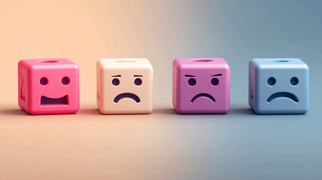 Vibrant cubes displaying diverse emotions from happy to angry, perfect for illustrating customer feedback, mood tracking, or mental health concepts with a playful, modern aesthetic.