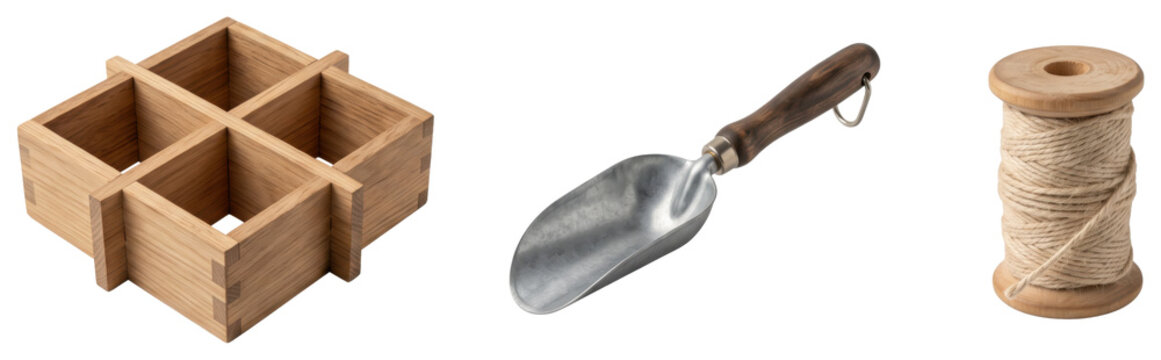 Wooden organizer gardening tools and twine on transparent background