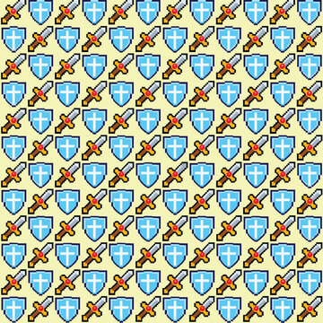 Pixel art seamless pattern of fantasy swords and protective shields on pale yellow