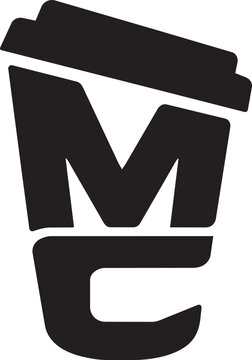 Black letter M and C inside a coffee cup silhouette modern logo design for cafe or beverage brand isolated on white background